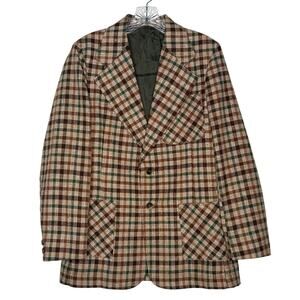 Vintage 1970s Brown Green Plaid Checked Women’s Blazer Jacket medium